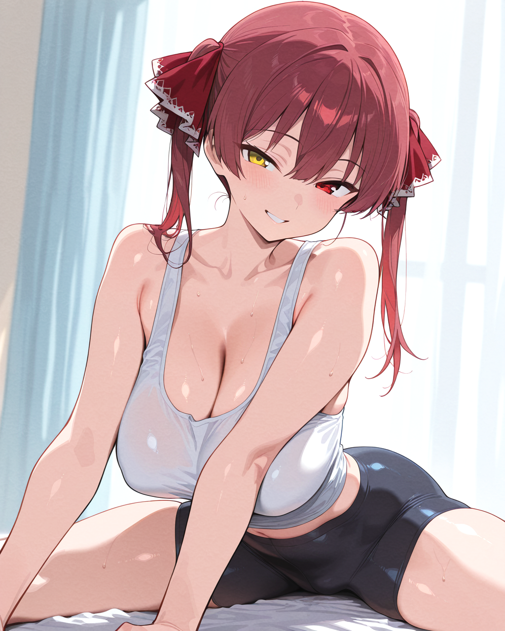 ホロライブの宝鐘マリンがショートパンツでストレッチする様子を描いた二次創作イラスト / Hololive fan art depicting Houshou Marine stretching in a pair of short pants